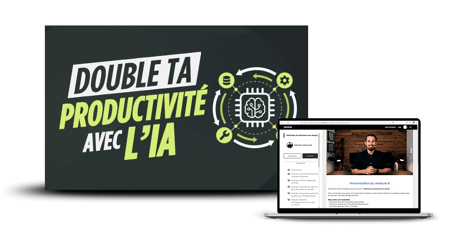 La formation Double ta productivité avec l'IA et son espace de cours sur un ordinateur portable